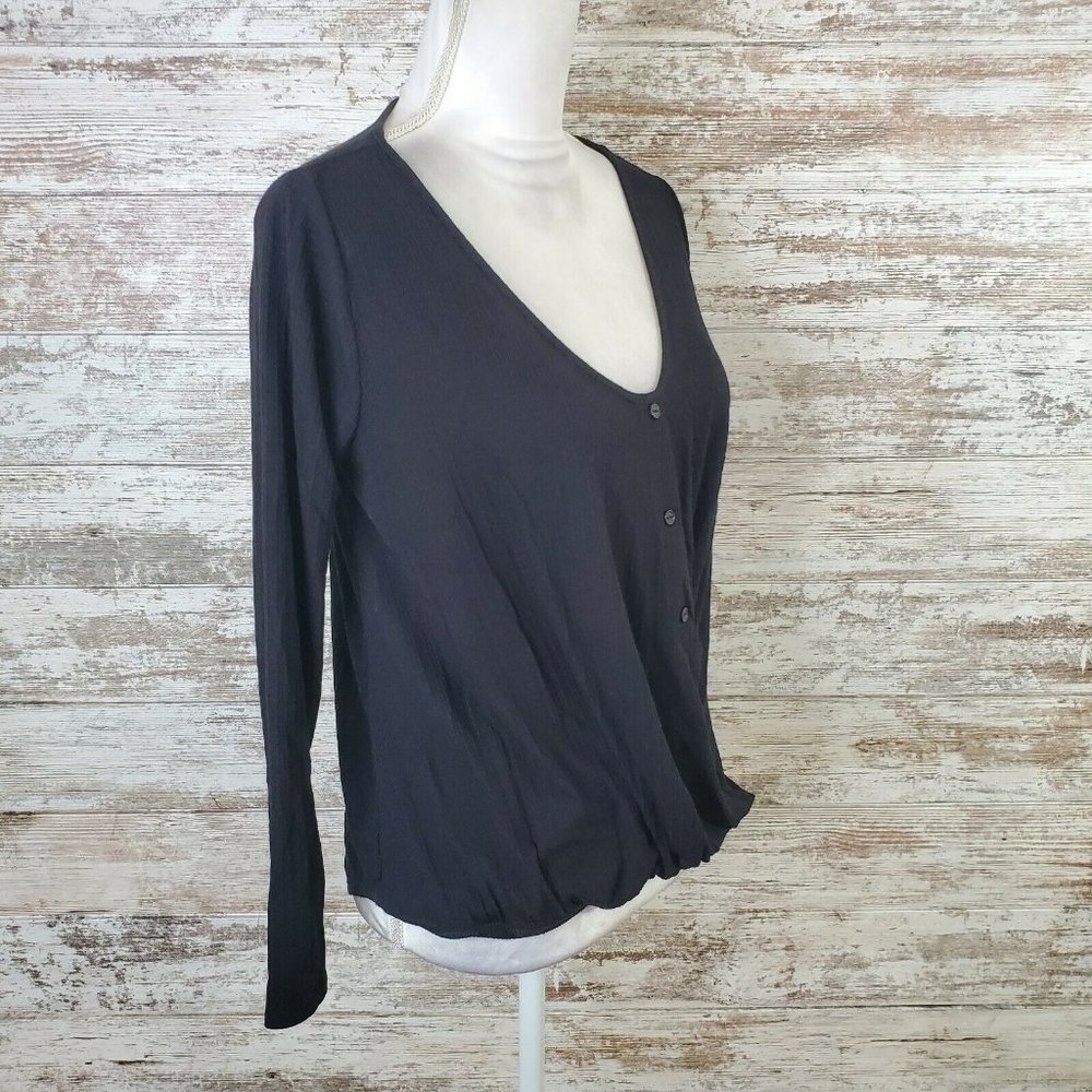 White Willow Black Long Sleeve V-Neck Button Up Faux Wrap Top Size XS